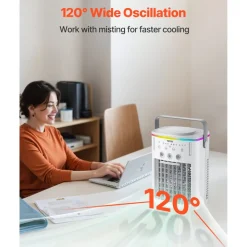 VEVOR Portable Air Conditioner, 4-in-1 Evaporative Air Cooler with Remote Control, 3-Speed Mini Air Conditioner with Timer, 3 Mist Levels, 1L Water Tank, 120° Oscillating Mini AC Fan for Desktop Home