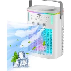 VEVOR Portable Air Conditioner, 4-in-1 Evaporative Air Cooler with Remote Control, 3-Speed Mini Air Conditioner with Timer, 3 Mist Levels, 1L Water Tank, 120° Oscillating Mini AC Fan for Desktop Home