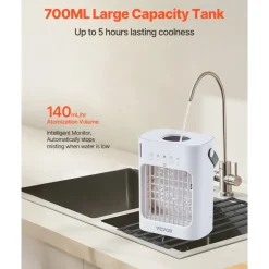 VEVOR Portable Air Conditioner, 4-in-1 Evaporative Air Cooler, 3-Speed Mini Air Conditioner with 0-7H Smart Timer, 700ml Water Tank, 7-Color Light, Personal Mini Desk AC Fan for Bedroom Office Room