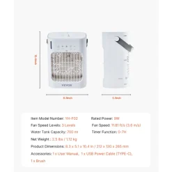VEVOR Portable Air Conditioner, 4-in-1 Evaporative Air Cooler, 3-Speed Mini Air Conditioner with 0-7H Smart Timer, 700ml Water Tank, 7-Color Light, Personal Mini Desk AC Fan for Bedroom Office Room