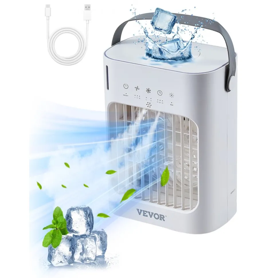 VEVOR Portable Air Conditioner, 4-in-1 Evaporative Air Cooler, 3-Speed Mini Air Conditioner with 0-7H Smart Timer, 700ml Water Tank, 7-Color Light, Personal Mini Desk AC Fan for Bedroom Office Room