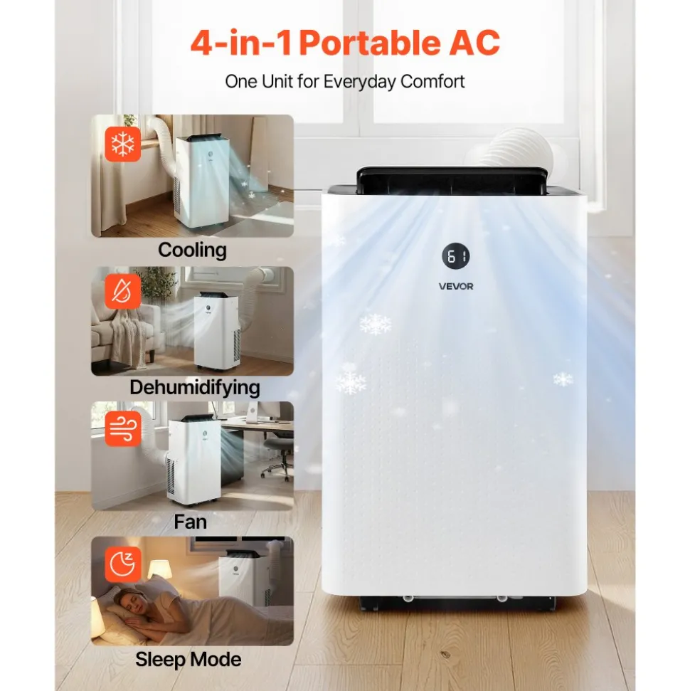VEVOR Portable Air Conditioner, 12000 BTU ASHRAE (8150 BTU SACC) 4-in-1 Standing Cooling Ac Unit, LED Touch Panel & Remote Control, 24h Timer, Cooling, Dehumidifier, Fan, Sleep Mode for Room Indoor