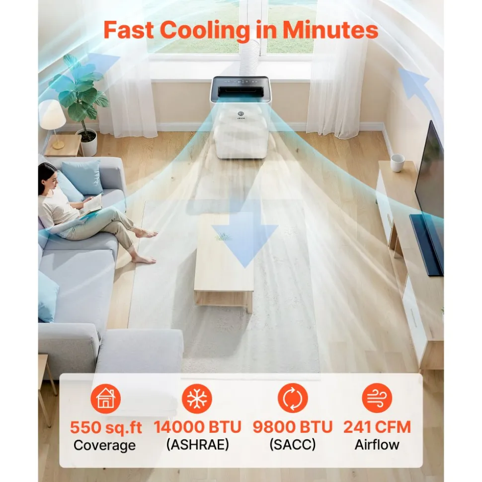 VEVOR Portable Air Conditioner, 12000 BTU ASHRAE (8150 BTU SACC) 4-in-1 Standing Cooling Ac Unit, LED Touch Panel & Remote Control, 24h Timer, Cooling, Dehumidifier, Fan, Sleep Mode for Room Indoor