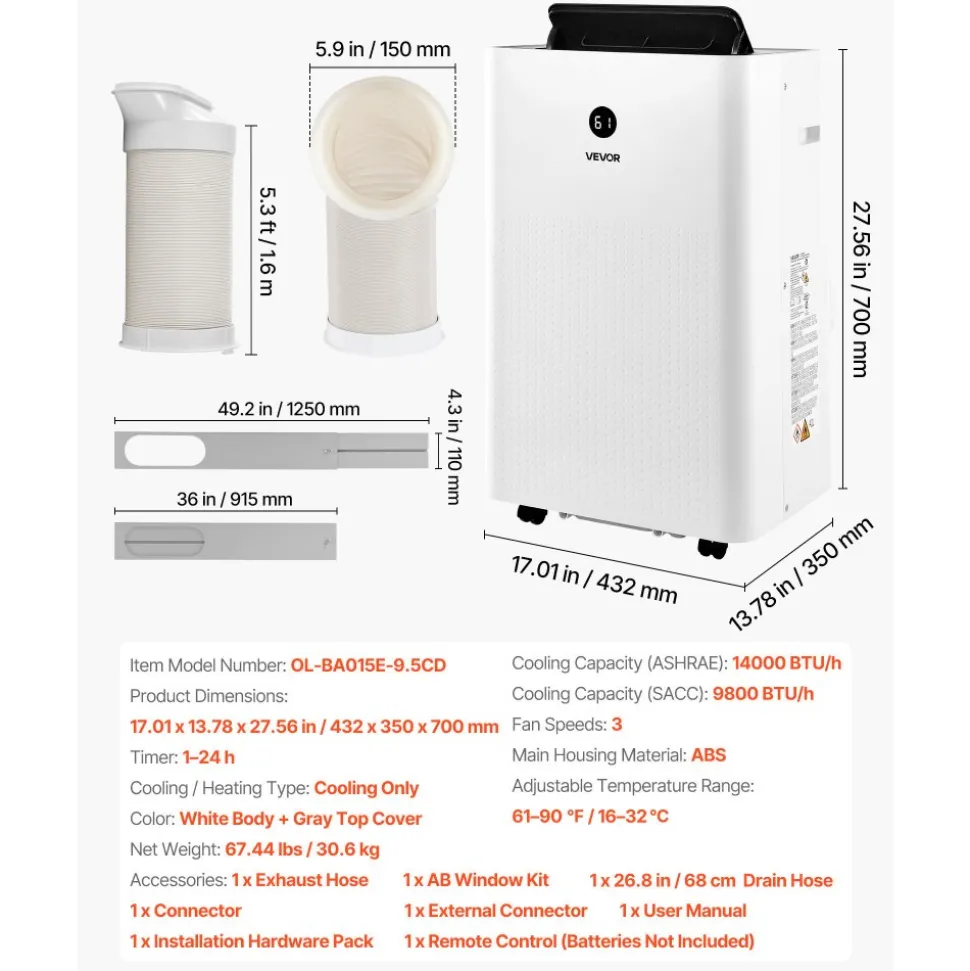 VEVOR Portable Air Conditioner, 12000 BTU ASHRAE (8150 BTU SACC) 4-in-1 Standing Cooling Ac Unit, LED Touch Panel & Remote Control, 24h Timer, Cooling, Dehumidifier, Fan, Sleep Mode for Room Indoor