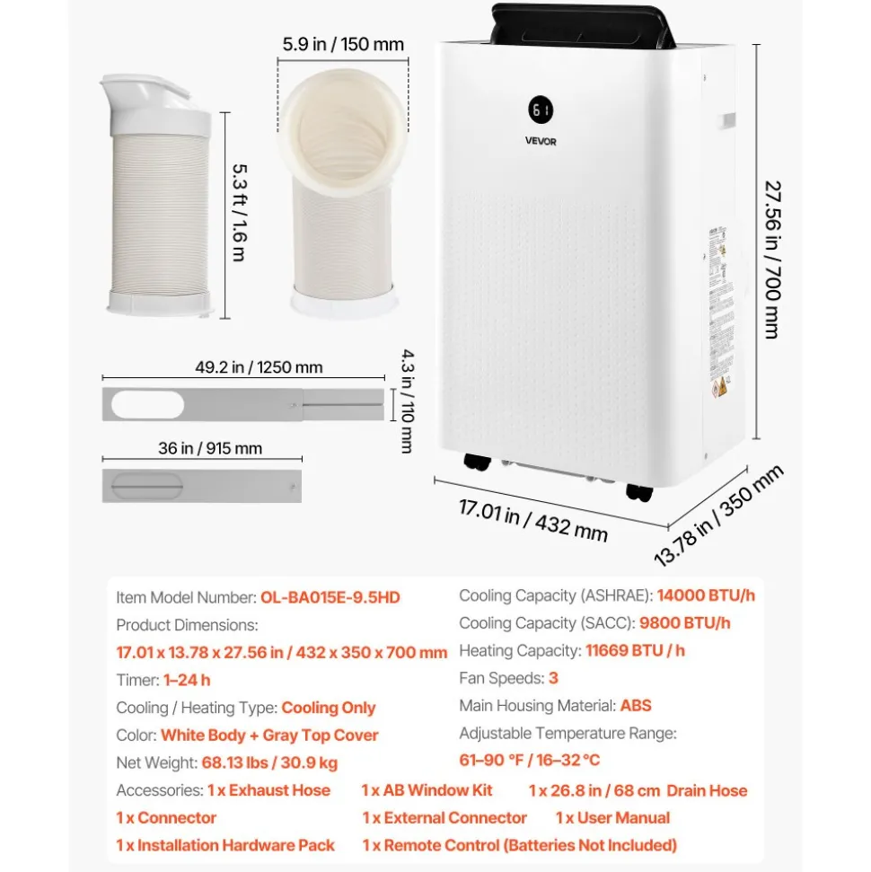 VEVOR Portable Air Conditioner and Heater Combo, 14000 BTU (9800 BTU SACC) 5-in-1 Standing Cooling Ac Unit, LED Touch Panel & Remote Control, 24h Timer, Dehumidifier/Fan/Sleep Mode for Room Indoor