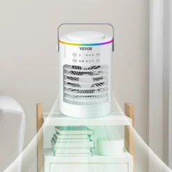 VEVOR Portable Air Conditioner, 4-in-1 Evaporative Air Cooler, 3-Speed Mini Air Conditioner with Smart Timer, 600ml Water Tank, 7-Color Light, Personal Mini Desk AC Fan for Bedroom Office Room