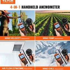 VEVOR Portable Anemometer Split Design, Temp Range 14℉-140℉, LED Screen Digital Air Speed & Temperature Meter, Wind Chill & Velocity Measurement, Ideal for Sailing, Surfing, Flying, HVAC