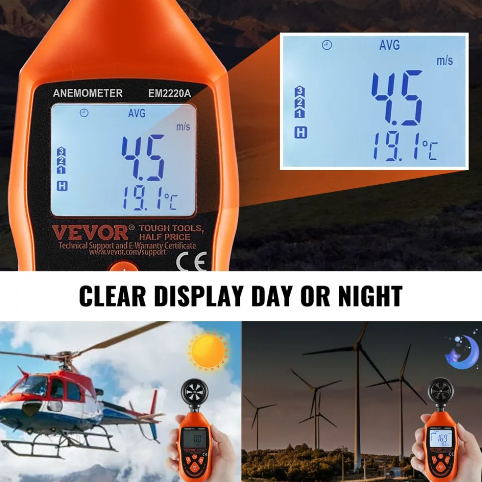 VEVOR Portable Anemometer, Temperature Range 14℉-113℉, Equipped with LED Backlit Display, Captures Wind Speed, Temperature, Air Volume, and Chill Factor, Ideal for Boating, Kite Surfing, Drone Pilo