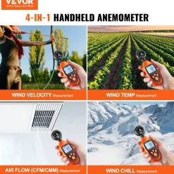 VEVOR Portable Anemometer, Temperature Range 14℉-113℉, Equipped with LED Backlit Display, Captures Wind Speed, Temperature, Air Volume, and Chill Factor, Ideal for Boating, Kite Surfing, Drone Pilo