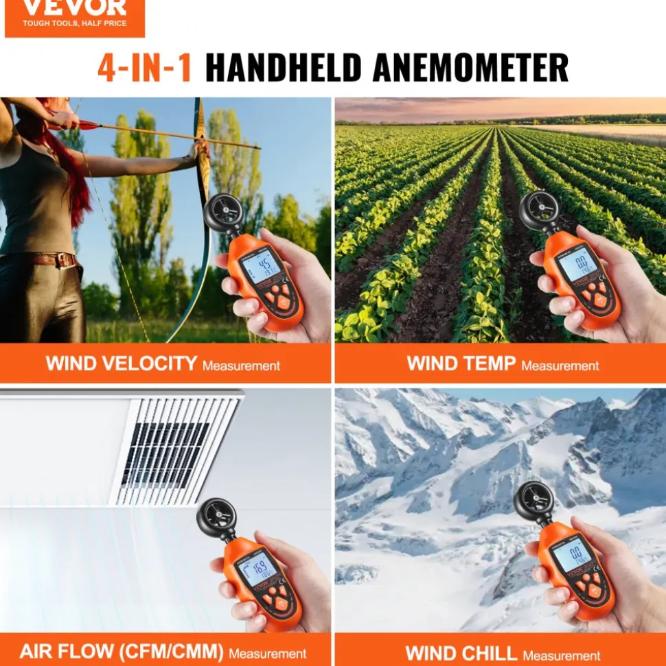 VEVOR Portable Anemometer, Temperature Range 14℉-113℉, Equipped with LED Backlit Display, Captures Wind Speed, Temperature, Air Volume, and Chill Factor, Ideal for Boating, Kite Surfing, Drone Pilo