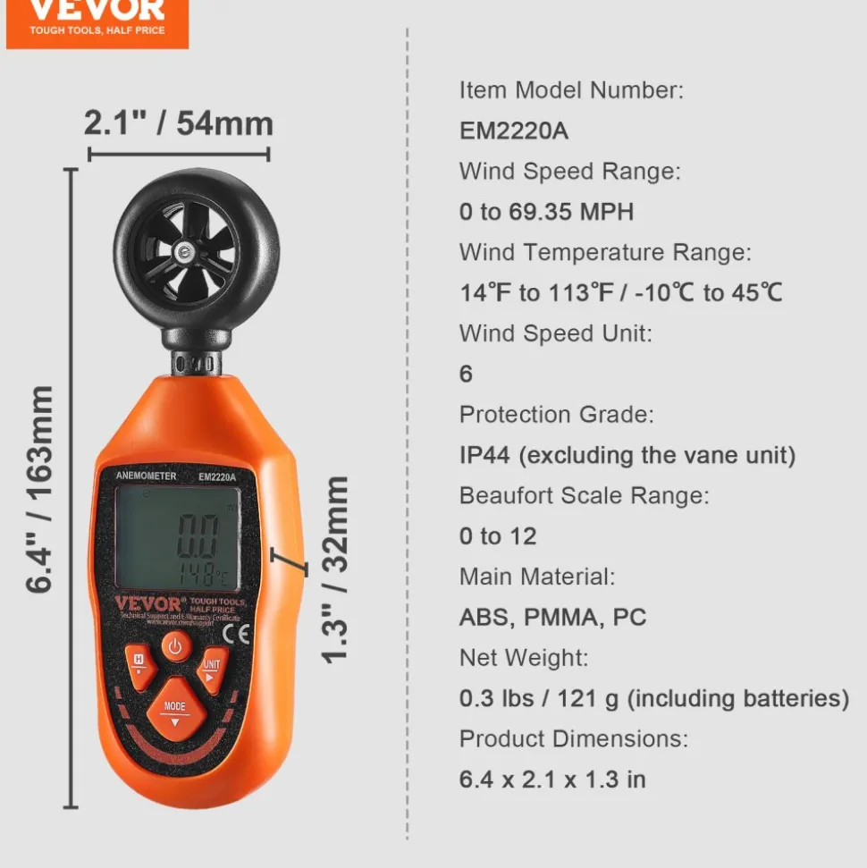 VEVOR Portable Anemometer, Temperature Range 14℉-113℉, Equipped with LED Backlit Display, Captures Wind Speed, Temperature, Air Volume, and Chill Factor, Ideal for Boating, Kite Surfing, Drone Pilo