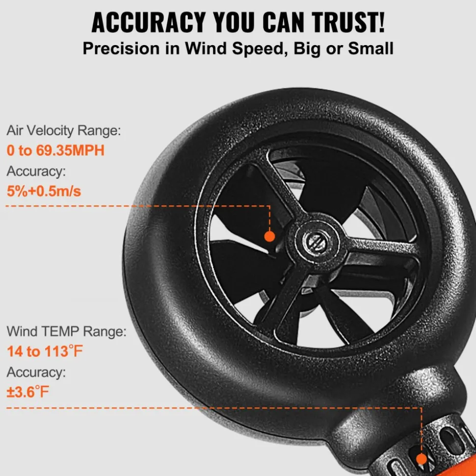 VEVOR Portable Anemometer, Temperature Range 14℉-113℉, Equipped with LED Backlit Display, Captures Wind Speed, Temperature, Air Volume, and Chill Factor, Ideal for Boating, Kite Surfing, Drone Pilo