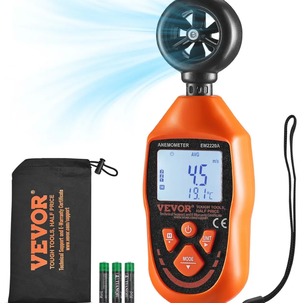 VEVOR Portable Anemometer, Temperature Range 14℉-113℉, Equipped with LED Backlit Display, Captures Wind Speed, Temperature, Air Volume, and Chill Factor, Ideal for Boating, Kite Surfing, Drone Pilo
