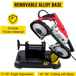 VEVOR Portable Band Saw, 110V 10-Amp Corded Tool with Removable Steel Base, 5-Inch Capacity, 6-Level Variable Speed, 0 to 45 Degree Angle, Deep-Cut Band Saw for Steel, Aluminum, Iron, Wood and PVC