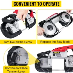 VEVOR Portable Band Saw, 110V 10-Amp Corded Tool with Removable Steel Base, 5-Inch Capacity, 6-Level Variable Speed, 0 to 45 Degree Angle, Deep-Cut Band Saw for Steel, Aluminum, Iron, Wood and PVC