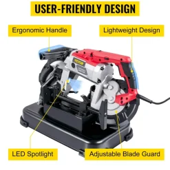 VEVOR Portable Band Saw, 110V 10-Amp Corded Tool with Removable Steel Base, 5-Inch Capacity, 6-Level Variable Speed, 0 to 45 Degree Angle, Deep-Cut Band Saw for Steel, Aluminum, Iron, Wood and PVC