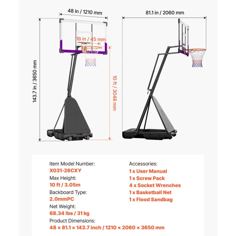 VEVOR Portable Basketball Stand, 10 ft Height Adjustment Basketball Hoop & Goal, Basketballs Hoop Outdoor with 48 inch PC Backboard for Kids, Adults in Schools, Parks, Indoor & Outdoor Use