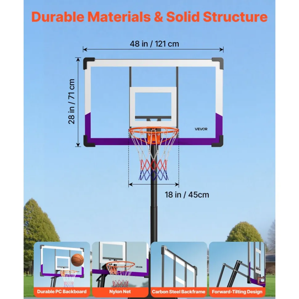 VEVOR Portable Basketball Stand, 10 ft Height Adjustment Basketball Hoop & Goal, Basketballs Hoop Outdoor with 48 inch PC Backboard for Kids, Adults in Schools, Parks, Indoor & Outdoor Use