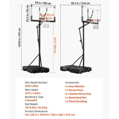 VEVOR Portable Basketball Stand, 10 ft Height Adjustment Basketball Hoop & Goal, Portable Basketballs Hoop with 54 inch PC Backboard & Wheels for Kids, Teens, Adults in Driveways, Pools, Schools