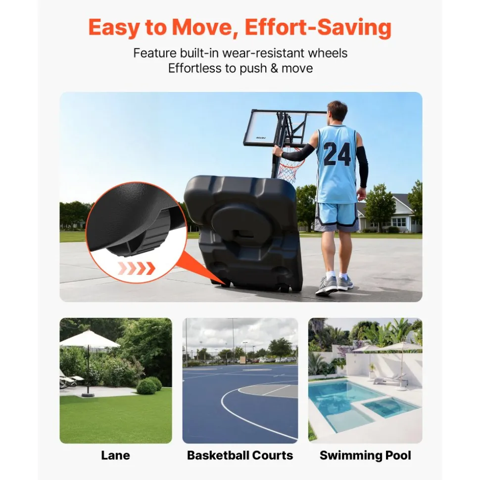 VEVOR Portable Basketball Stand, 10 ft Height Adjustment Basketball Hoop & Goal, Portable Basketballs Hoop with 54 inch PC Backboard & Wheels for Kids, Teens, Adults in Driveways, Pools, Schools