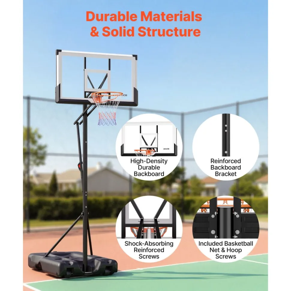 VEVOR Portable Basketball Stand, 10 ft Height Adjustment Basketball Hoop & Goal, Portable Basketballs Hoop with 54 inch PC Backboard & Wheels for Kids, Teens, Adults in Driveways, Pools, Schools