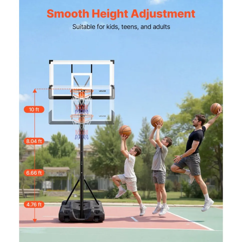 VEVOR Portable Basketball Stand, 10 ft Height Adjustment Basketball Hoop & Goal, Portable Basketballs Hoop with 54 inch PC Backboard & Wheels for Kids, Teens, Adults in Driveways, Pools, Schools