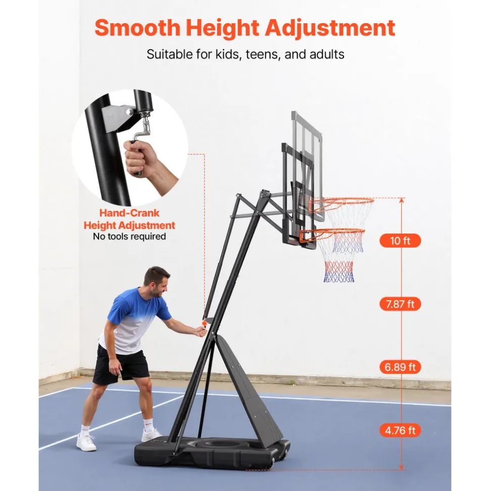 VEVOR Portable Basketball Stand, 10 ft Height Adjustment Basketball Hoop & Goal, Basketballs Hoop Outdoor with 50 inch PC Backboard for Kids, Adults in Schools, Parks, Indoor & Outdoor Use