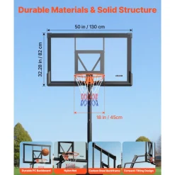VEVOR Portable Basketball Stand, 10 ft Height Adjustment Basketball Hoop & Goal, Basketballs Hoop Outdoor with 50 inch PC Backboard for Kids, Adults in Schools, Parks, Indoor & Outdoor Use