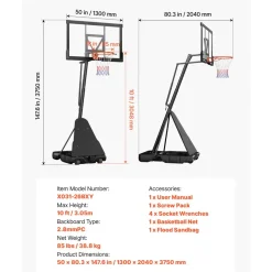 VEVOR Portable Basketball Stand, 10 ft Height Adjustment Basketball Hoop & Goal, Basketballs Hoop Outdoor with 50 inch PC Backboard for Kids, Adults in Schools, Parks, Indoor & Outdoor Use