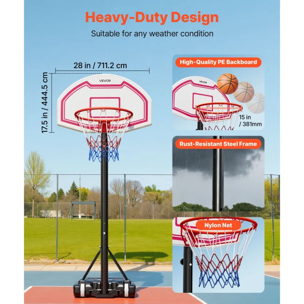 VEVOR Portable Basketball Stand, 5.2 to 6.9 ft Height Adjustment Basketball Hoop & Goal, Kids Adjustable Basketballs Hoop with Nylon Net & Rolling Wheels, Portable Backboard Set for Patios, Poolside
