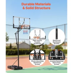 VEVOR Portable Basketball Stand, 10 ft Height Adjustment Basketball Hoop & Goal, Portable Basketballs Hoop with 48 inch PC Backboard & Wheels for Kids, Teens, Adults in Driveways, Pools, Schools