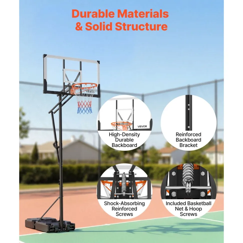 VEVOR Portable Basketball Stand, 7.7 to 10 ft Height Adjustment Basketball Hoop & Goal, Portable Basketballs Hoop with 48 inch PC Backboard & Wheels for Kids, Teens, Adults in Driveways, Pools