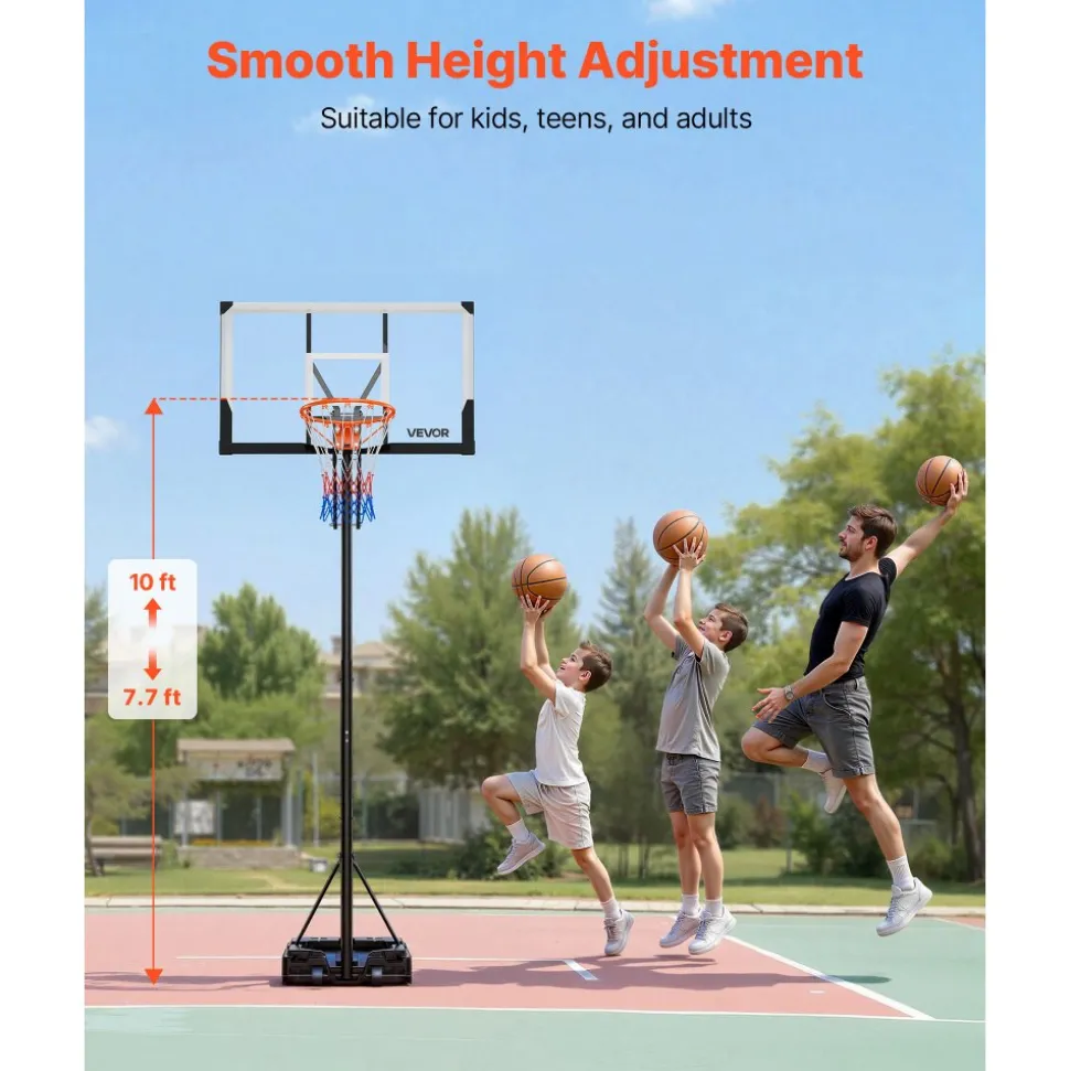 VEVOR Portable Basketball Stand, 7.7 to 10 ft Height Adjustment Basketball Hoop & Goal, Portable Basketballs Hoop with 48 inch PC Backboard & Wheels for Kids, Teens, Adults in Driveways, Pools
