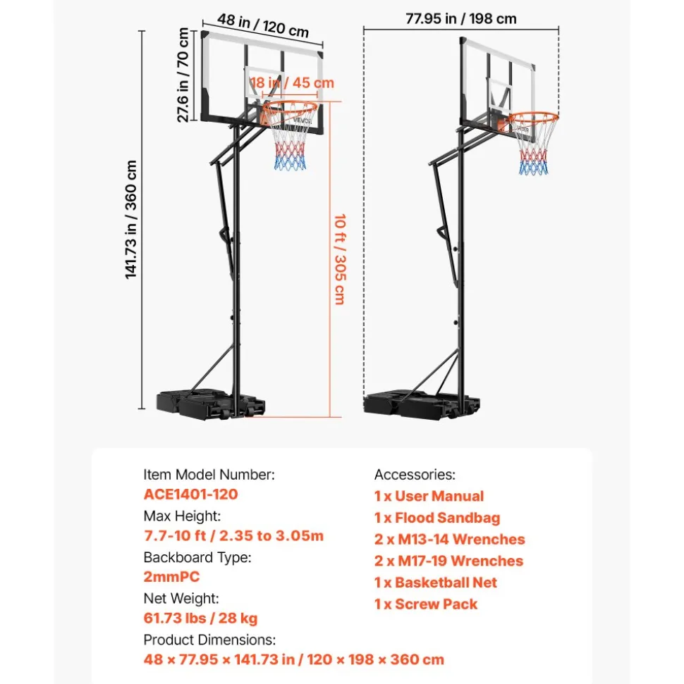 VEVOR Portable Basketball Stand, 7.7 to 10 ft Height Adjustment Basketball Hoop & Goal, Portable Basketballs Hoop with 48 inch PC Backboard & Wheels for Kids, Teens, Adults in Driveways, Pools