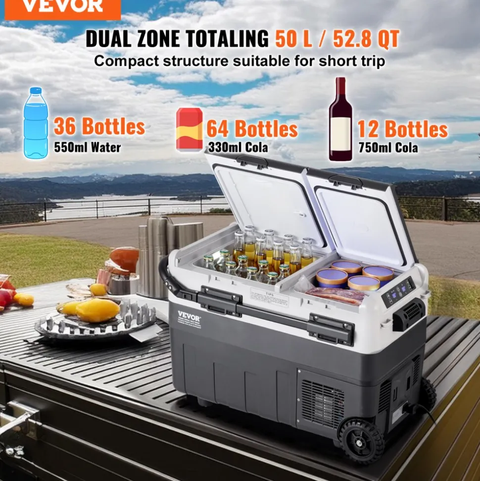 VEVOR Portable Car Refrigerator, 12 Volt Car Refrigerator Fridge, 50 L / 52.8 QT Dual Zone Portable Freezer, -4℉-68℉ Adjustable Temperature, Compressor Cooler for Home, Outdoor, Camping, RV, Car