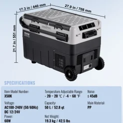 VEVOR Portable Car Refrigerator, 12 Volt Car Refrigerator Fridge, 50 L / 52.8 QT Dual Zone Portable Freezer, -4℉-68℉ Adjustable Temperature, Compressor Cooler for Home, Outdoor, Camping, RV, Car