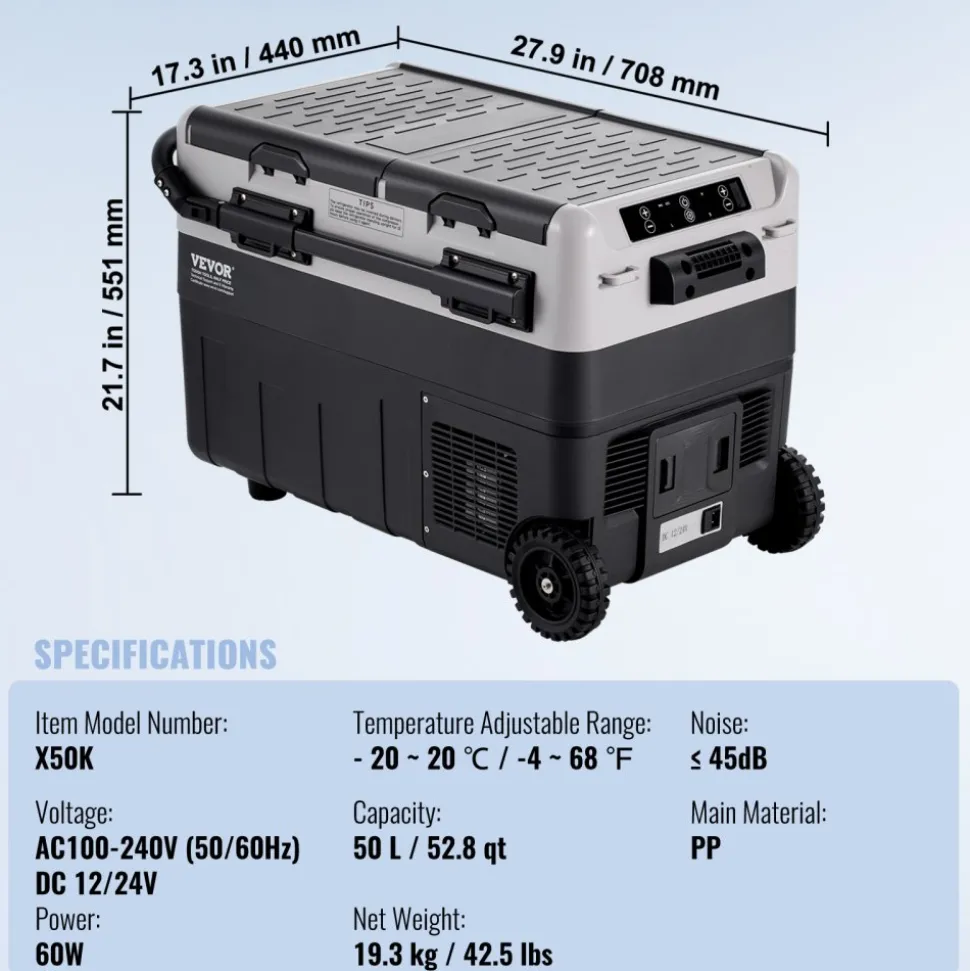 VEVOR Portable Car Refrigerator, 12 Volt Car Refrigerator Fridge, 50 L / 52.8 QT Dual Zone Portable Freezer, -4℉-68℉ Adjustable Temperature, Compressor Cooler for Home, Outdoor, Camping, RV, Car