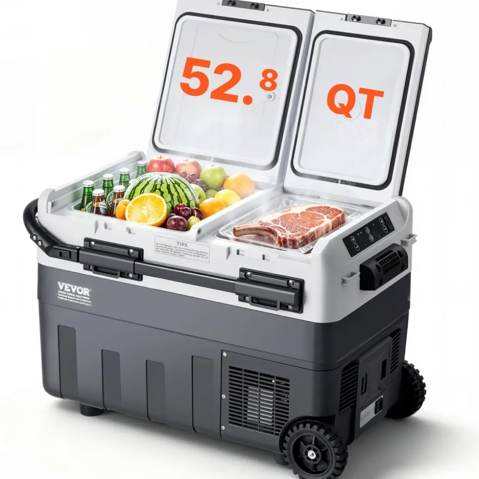VEVOR Portable Car Refrigerator, 12 Volt Car Refrigerator Fridge, 50 L / 52.8 QT Dual Zone Portable Freezer, -4℉-68℉ Adjustable Temperature, Compressor Cooler for Home, Outdoor, Camping, RV, Car