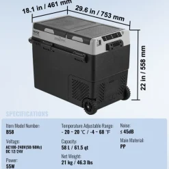 VEVOR Portable Car Refrigerator, 12 Volt Car Refrigerator Fridge, 58 L / 61.5 QT Dual Zone Portable Freezer, -4℉-68℉ Adjustable Temperature, Compressor Cooler for Home, Outdoor, Camping, RV, Car