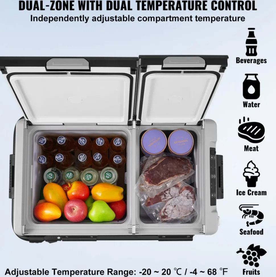 VEVOR Portable Car Refrigerator, 12 Volt Car Refrigerator Fridge, 58 L / 61.5 QT Dual Zone Portable Freezer, -4℉-68℉ Adjustable Temperature, Compressor Cooler for Home, Outdoor, Camping, RV, Car