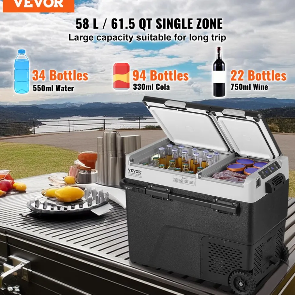 VEVOR Portable Car Refrigerator, 12 Volt Car Refrigerator Fridge, 58 L / 61.5 QT Dual Zone Portable Freezer, -4℉-68℉ Adjustable Temperature, Compressor Cooler for Home, Outdoor, Camping, RV, Car