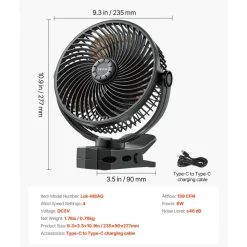 VEVOR Portable Clip Fan, Rechargeable Clip On Fan, USB Port with 3 Speeds & Circulation Mode, Strong Airflow Sturdy Clamp, Long Runtime for Desk, Golf Cart, Outdoor Camping Treadmill, Office, Black