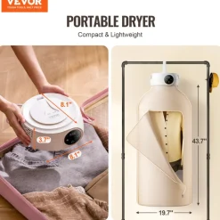 VEVOR Portable Clothes Dryer, Clothes Dryer with Dryer Bag, PTC Heating & LED Display, Foldable Mini Dryer with 5-H Timer for Apartments, Dorms, RVs, or Hotels, 600W, Beige