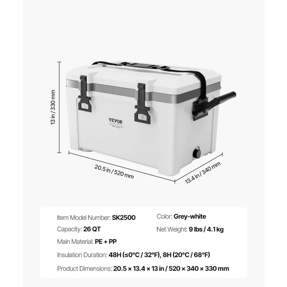 VEVOR Portable Cooler, 26 QT Hard Cooler with Ice Retention, Heavy-Duty Handles and Strap, Lightweight Rigid Material Insulated Portable Cooler, Suitable for Family Picnics and Short Trips