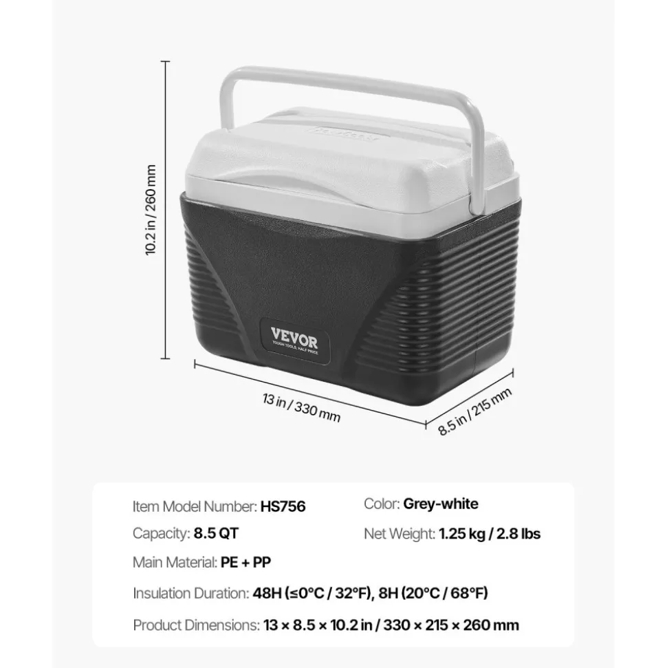 VEVOR Portable Cooler, 8.5 QT Hard Cooler with Ice Retention and Heavy-Duty Handles, Lightweight Rigid Material Insulated Portable Cooler, Suitable for Family Picnics and Short Trips