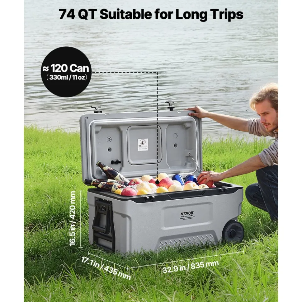 VEVOR Portable Cooler, 74 QT Wheeled Cooler with Ice Retention, Heavy-Duty Handles and Cup Holder, Lightweight Rigid Material Insulated Portable Cooler, Suitable for Family Picnics and Long Trips