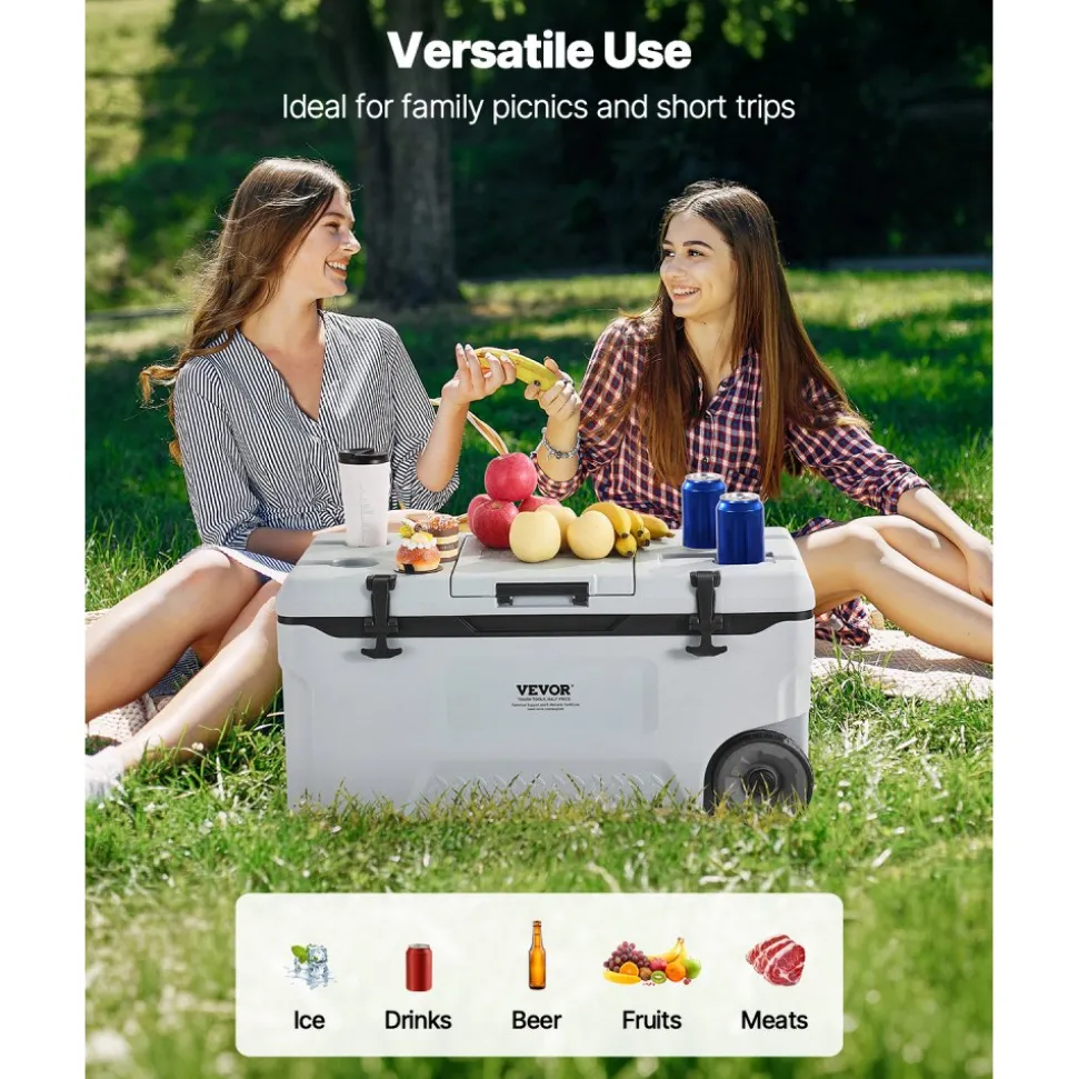 VEVOR Portable Cooler, 74 QT Wheeled Cooler with Ice Retention, Heavy-Duty Handles and Cup Holder, Lightweight Rigid Material Insulated Portable Cooler, Suitable for Family Picnics and Long Trips