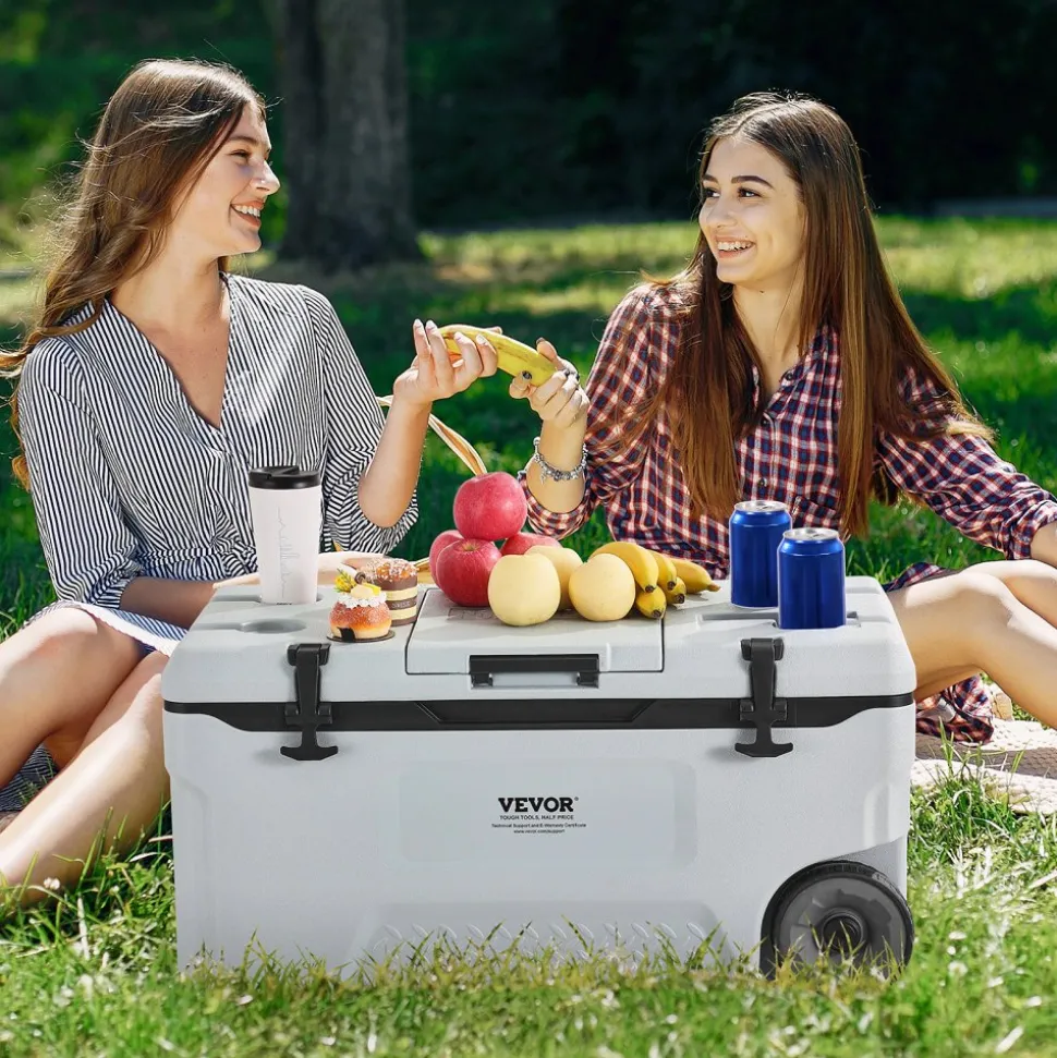 VEVOR Portable Cooler, 74 QT Wheeled Cooler with Ice Retention, Heavy-Duty Handles and Cup Holder, Lightweight Rigid Material Insulated Portable Cooler, Suitable for Family Picnics and Long Trips