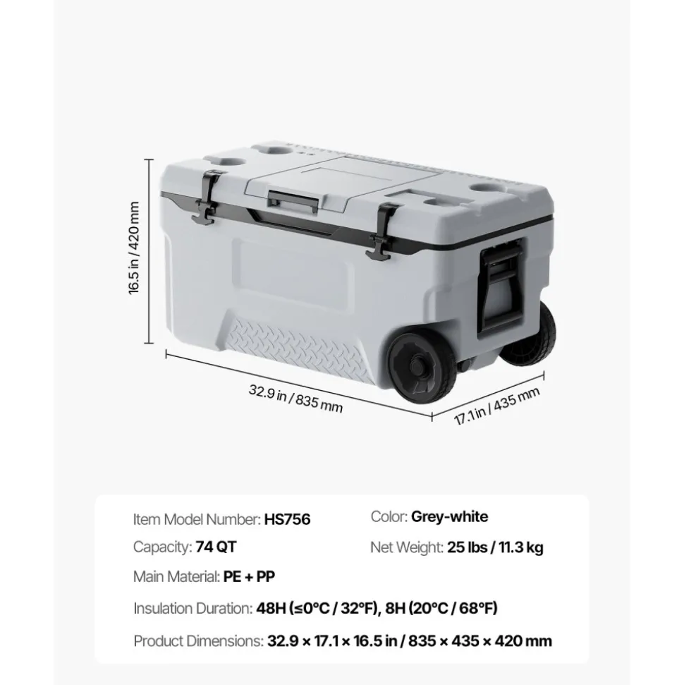 VEVOR Portable Cooler, 74 QT Wheeled Cooler with Ice Retention, Heavy-Duty Handles and Cup Holder, Lightweight Rigid Material Insulated Portable Cooler, Suitable for Family Picnics and Long Trips