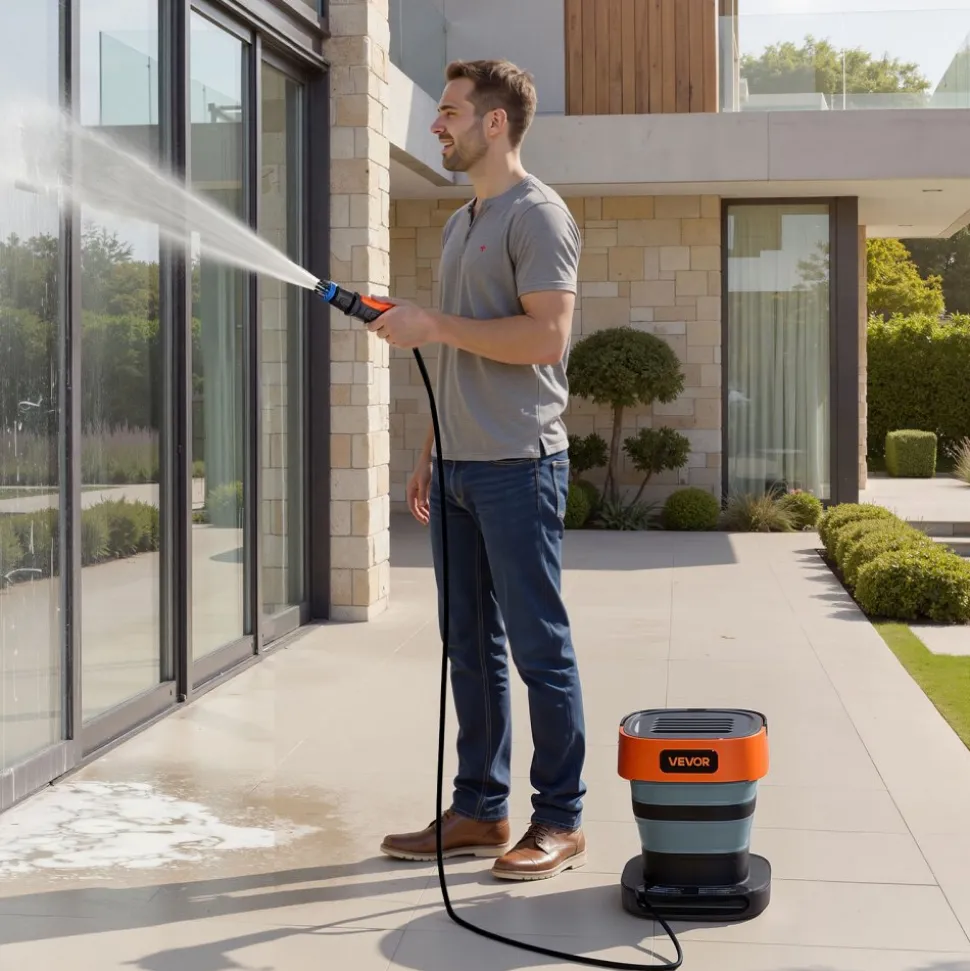 VEVOR Portable Cordless Pressure Washer with 2.64 Gal Tank, Foldable Power Washer 109 Max PSI, 3 Nozzles, Magnetic Sponge Brush & Soft Bristle Brush,78.7 in Hose, for Bike Cleaning, Patio, Camping